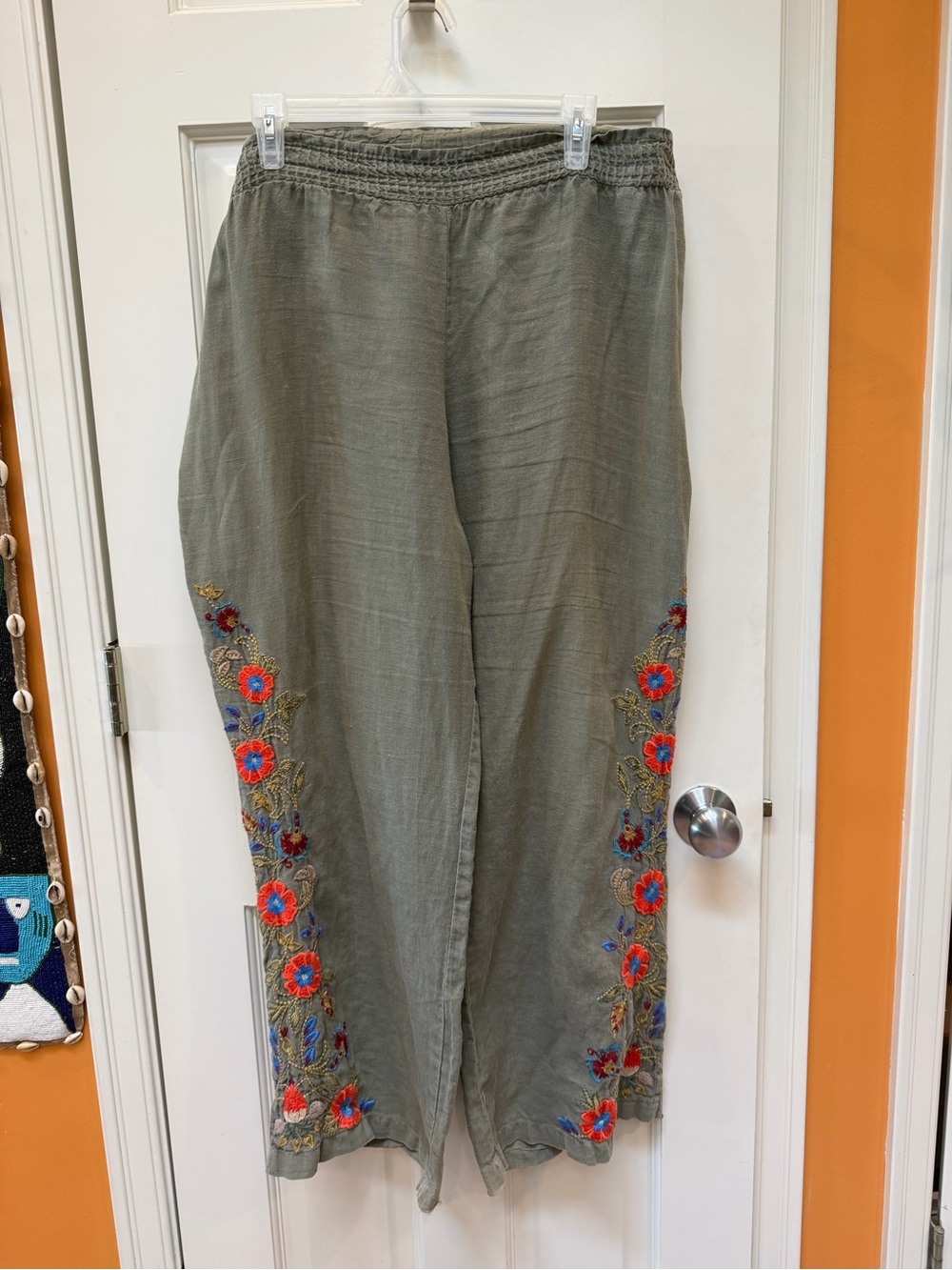 JW Los Angeles Johnny Was Embroidered Olive Linen-Blend Wide Leg Pants